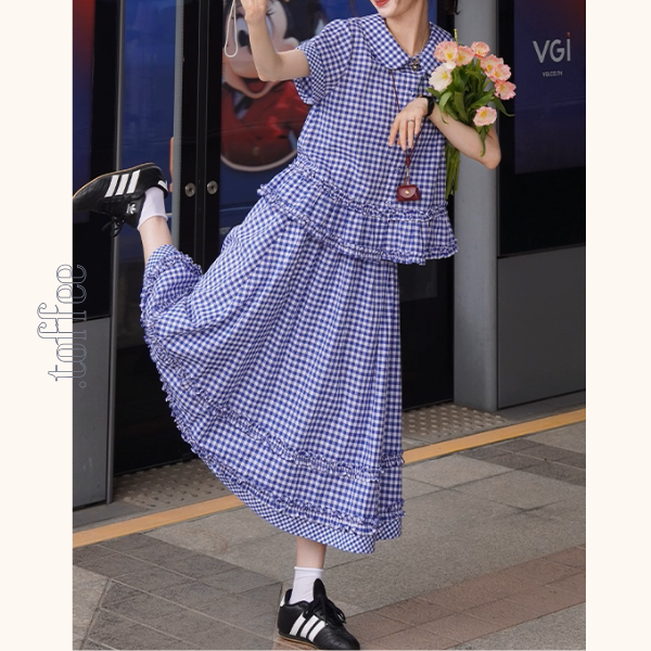 【2color】ギンガムチェック&フリルセットアップ《Z01098》