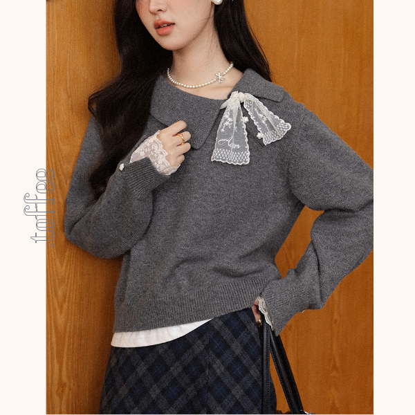 【3color】星降る午後のレース襟ニット《Z01142》