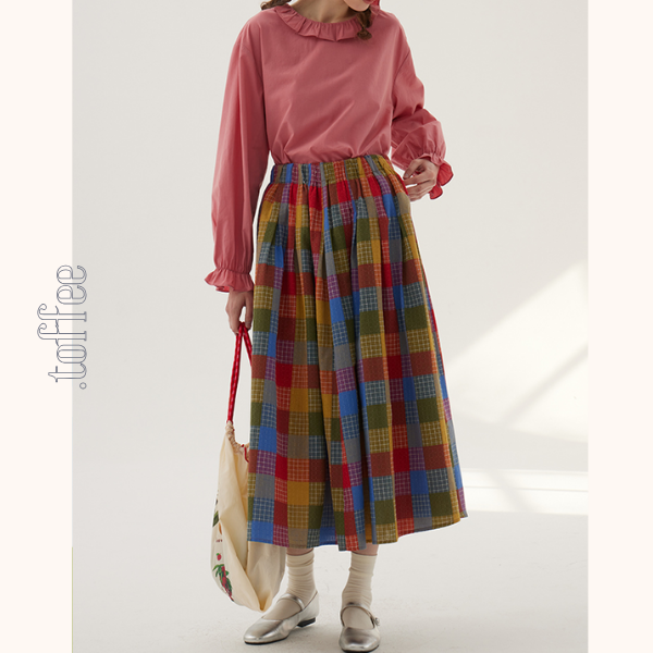 カラフルチェック柄ロングフレアスカート 《Z00786》
