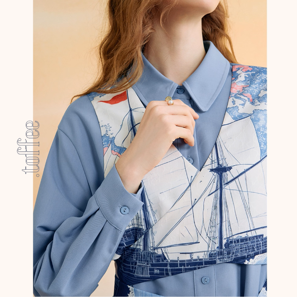 船と旅の重ね着風シャツワンピース《Z01132》