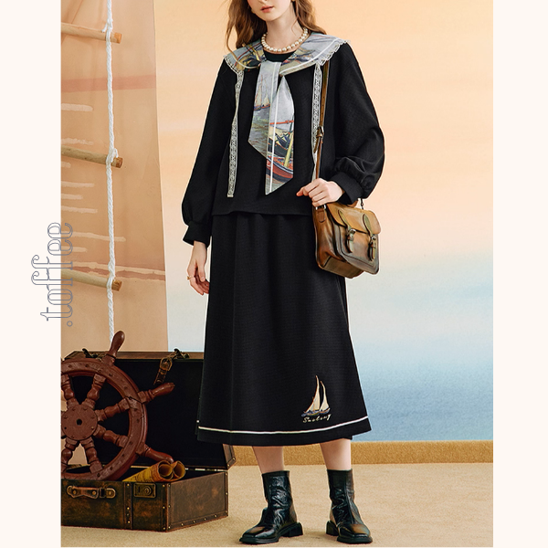 【2color】セーラーカラーと船の刺繍セットアップ《Z01133》