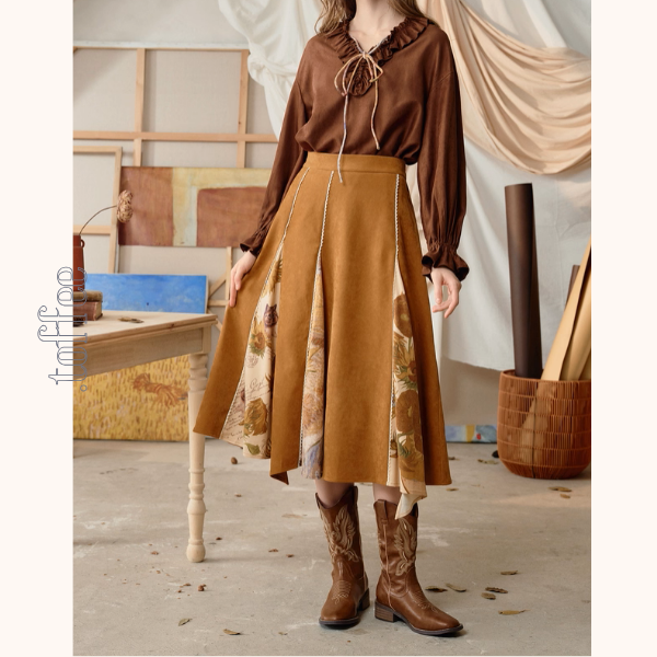 【2color】名画が踊る、切替アートプリントスカート《Z01123》