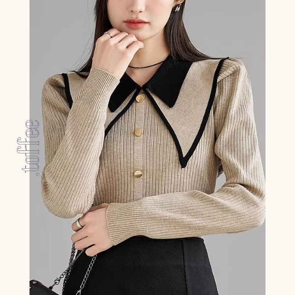 配色ビッグカラーのニットカーディガン《Z01294》