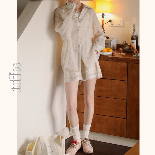 カラフルストライプルーズシャツ&ワイドショートパンツのセットアップ《Z01029》