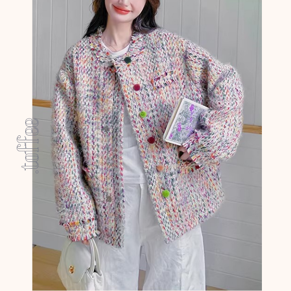 カラフルボタンのレトロツイードショートジャケット《Z01270》