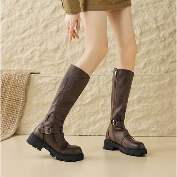 【2color】ラウンドトゥサイドジッパーロングブーツ X-468