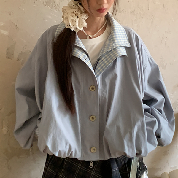 無地×ギンガムチェックのコントラストカラーバルーンジャケット 《Z00765》