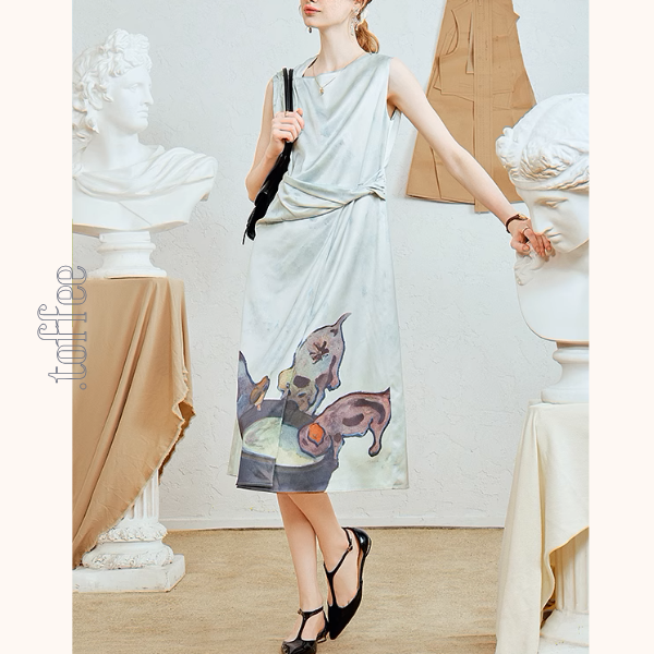 ミルクを飲む子犬プリントのノースリーブワンピース《Z00964》