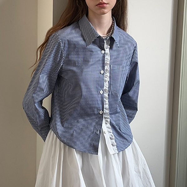 ギンガムチェック柄レースディテールシャツ 《Z00739》
