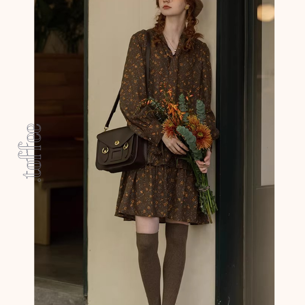 小花柄ブラウン×ボウタイワンピース《Z01316》