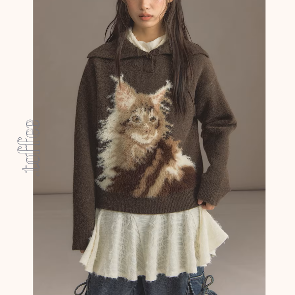 【2color】子猫モチーフが主役のハイネックゆるニット《Z01227》