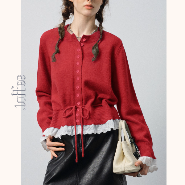 【2color】レース裾と蝶結びが可愛い*ショートニットカーディガン《Z01189》