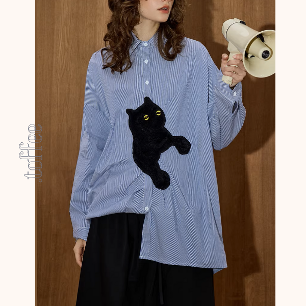 黒猫アップリケ付きストライプシャツ《Z01105》