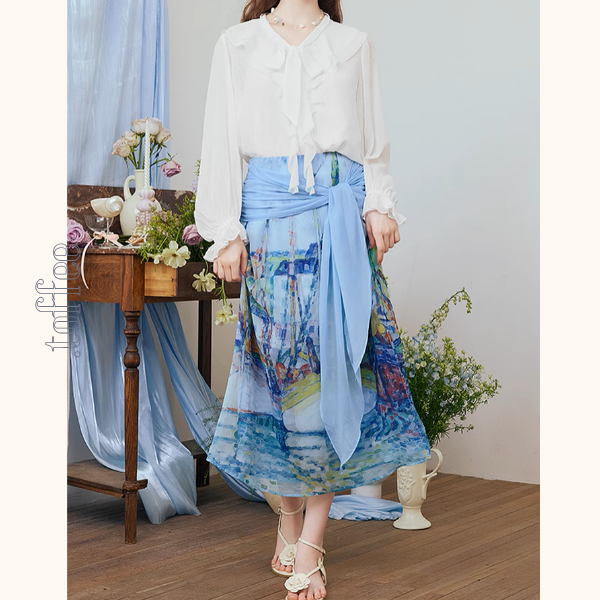 油絵プリントロングシフォンスカート《Z00974》