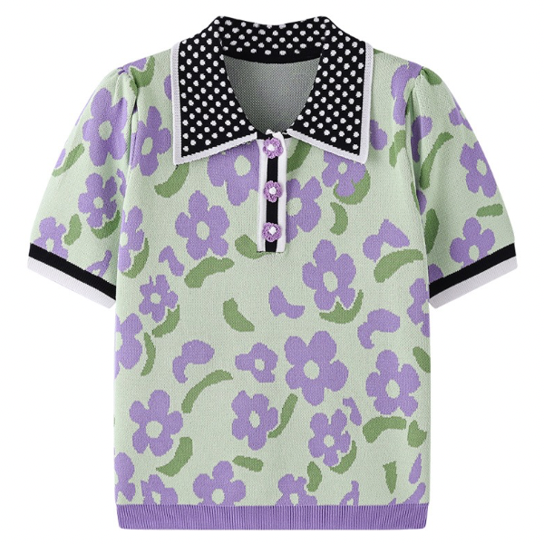 ドット柄×花柄半袖ポロシャツ Z00205