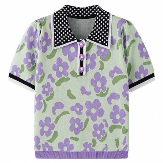 ドット柄×花柄半袖ポロシャツ Z00205