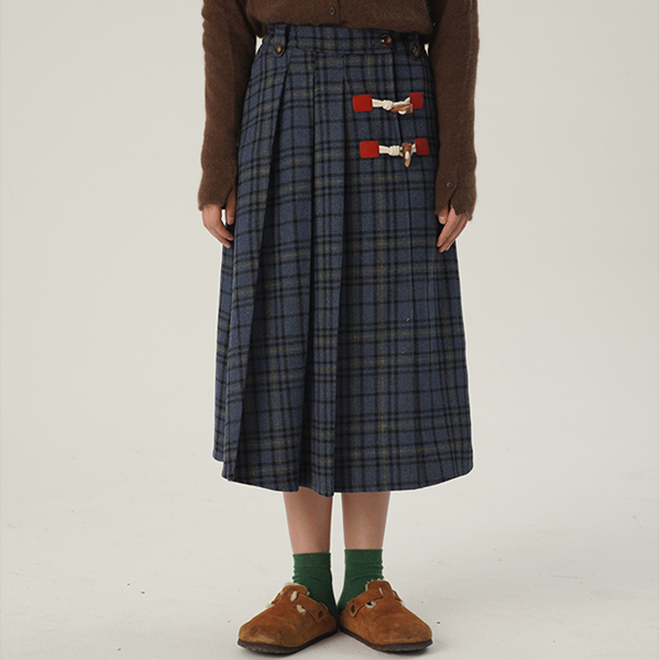 【2color】ホーンボタンチェック柄ロングスカート Z00607