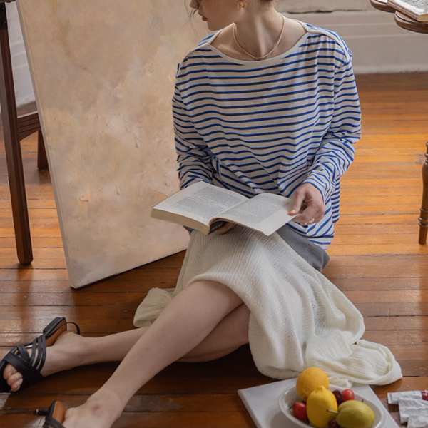 【2color】ボートネックストライプTシャツ《Z00852》