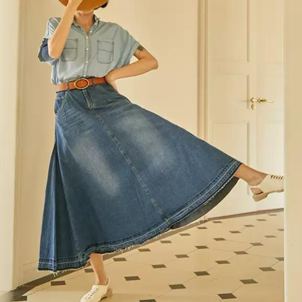 デニムミモレ丈フレアスカート w-012