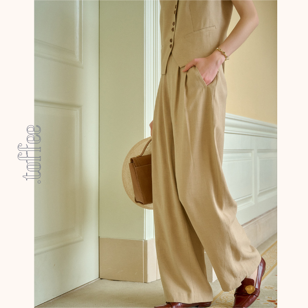 レトロ調シングルブレストベスト&ハイウエストワイドパンツセットアップ 《Z00815》