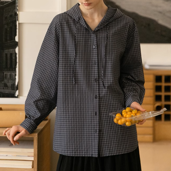 【2color】チェック柄フーディーシャツ《Z00978》