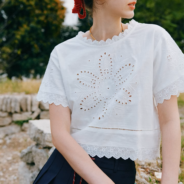 カットワークレースボックス型クロップドTシャツ《Z01002》