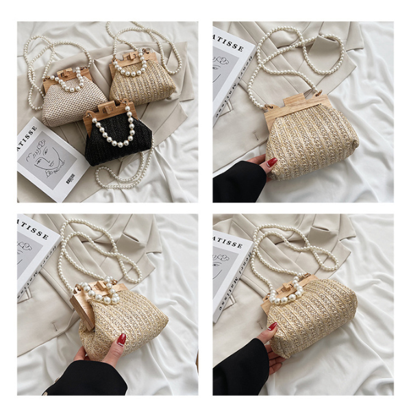 【3color】パールストラップエレガントストローバッグ X-274