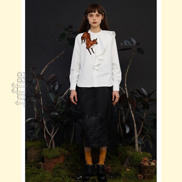 【2color】「小狐物語」森の中のキツネとアシンメトリーフリルブラウス C0182