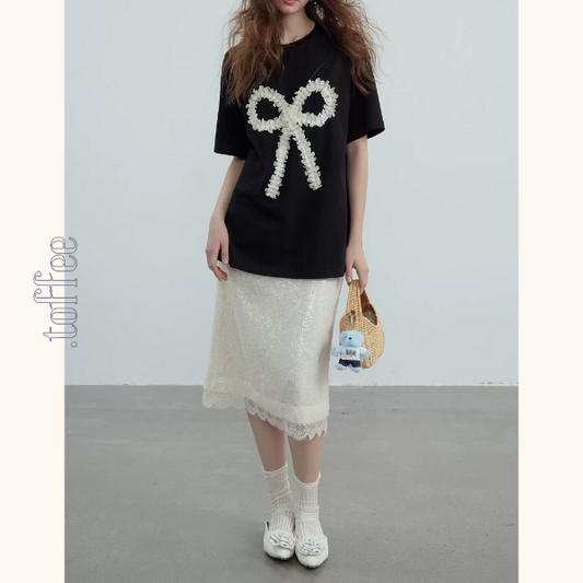 【2color】フロントリボンオーバーサイズTシャツ Z00362