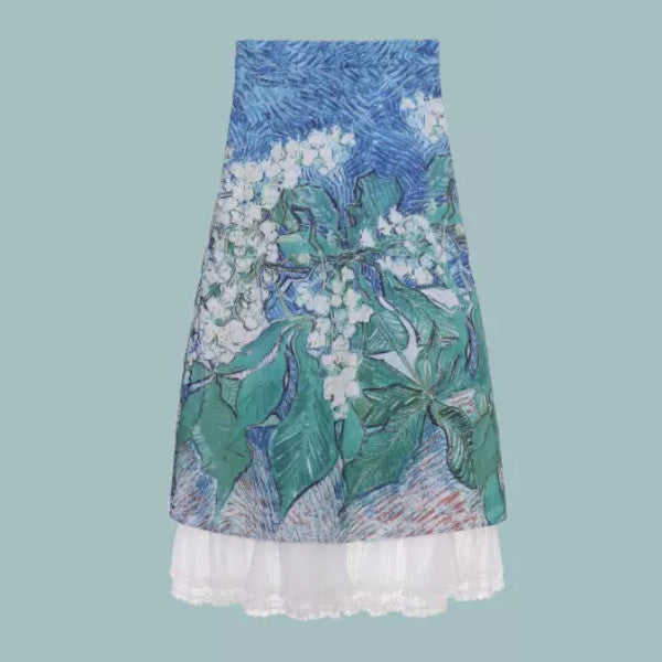 レースと油絵風プリント入りロングスカート Z00258