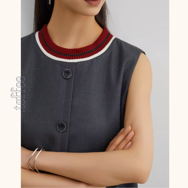 コントラストカラーフロントボタンノースリーブミニワンピース《Z00945》