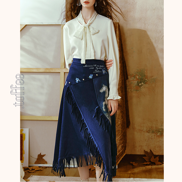 【2color】フリンジ付きアアシンメトリーロングスカート   《Z00664》