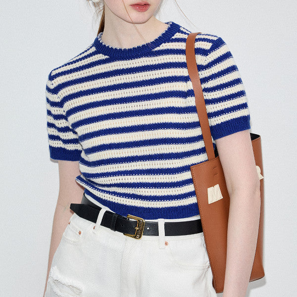 ハーフクルーネックストライプニットトップ Z00320