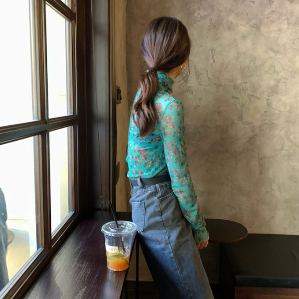 【5color】レトロな花柄シースルートップス Z00105