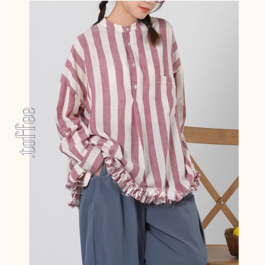 【2color】ストライプ柄フリル装飾シャツ《Z00894》