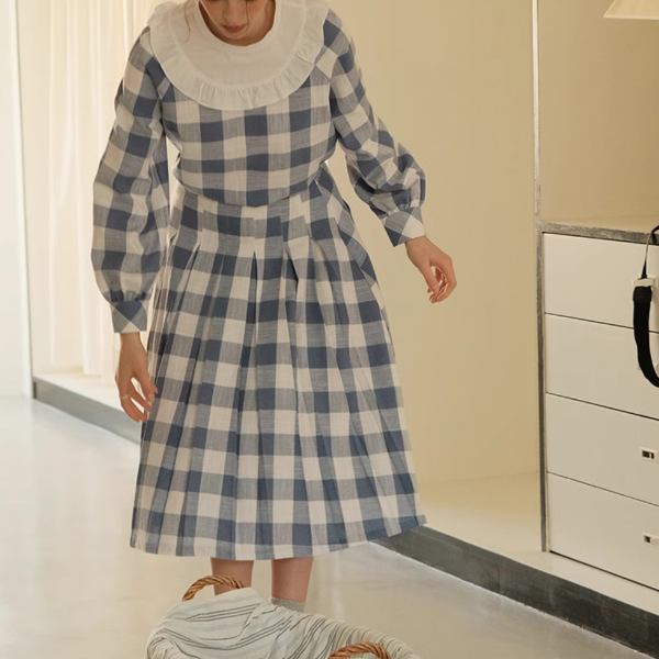 チェック柄ドールカラーブラウス&スカートセットアップ Z00085