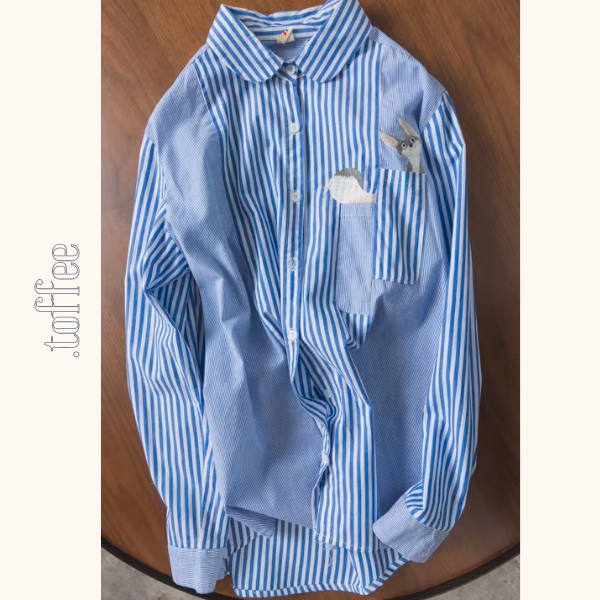 【2color】切替ストライプ×動物刺繍の爽やかシャツ《Z01218》