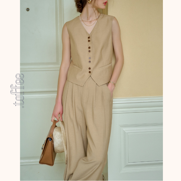 レトロ調シングルブレストベスト&ハイウエストワイドパンツセットアップ 《Z00815》