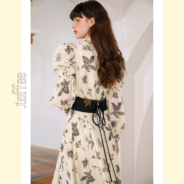 クラシカルボタニカルプリント パフスリーブシャツワンピース C0165