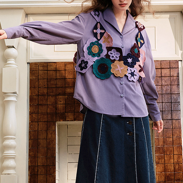 【2color】かぎ編みマルチカラーフラワーモチーフベスト&レースディテールルーズシャツセットアップ    《Z00654》