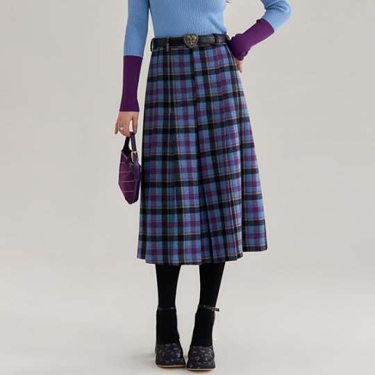 ハイウエストチェック柄ミモレ丈スカート 《Z00656》