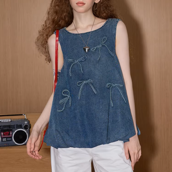 リボン装飾ノースリーブデニムトップ《Z00898》