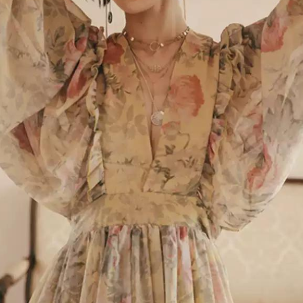 フラワープリントボリュームスリーブワンピース X-046