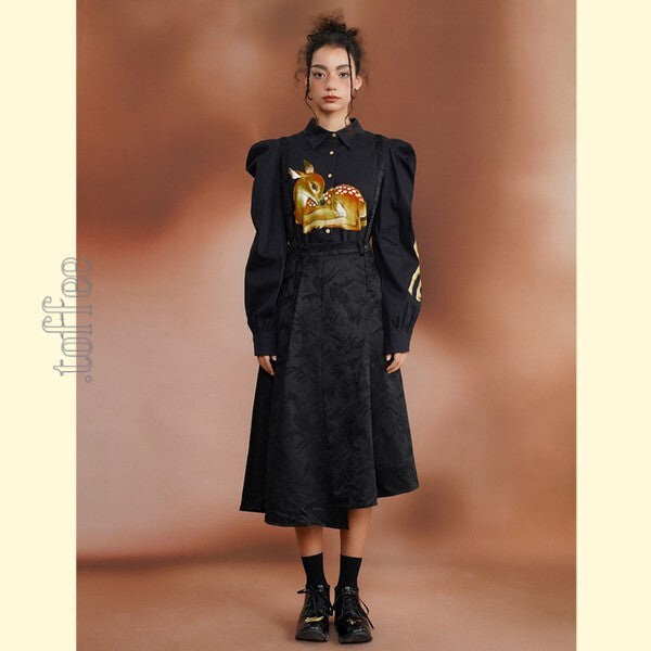 幻想的な水墨画ジャガードが織りなす:オリエンタルサスペンダースカート C0188