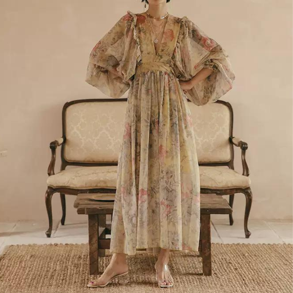 フラワープリントボリュームスリーブワンピース X-046