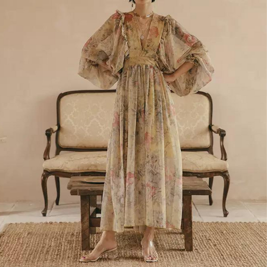 フラワープリントボリュームスリーブワンピース X-046