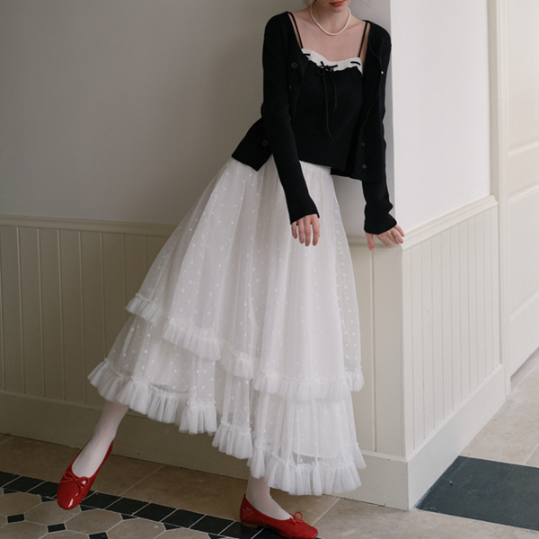 フリル&メッシュホワイトロングスカート Z00570