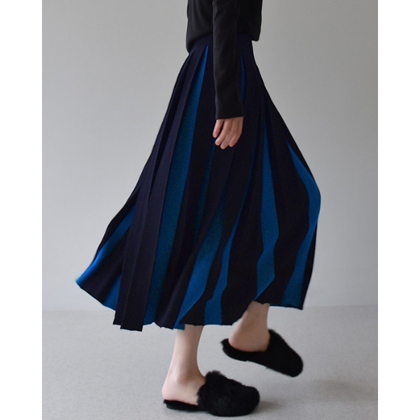 【6color】バイカラープリーツスカート w-079