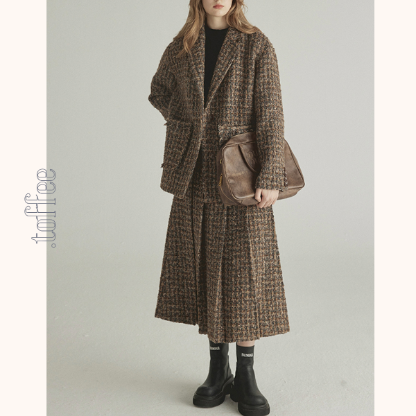 千鳥格子ツイードジャケット&ロングプリーツスカートセットアップ 《Z00775》