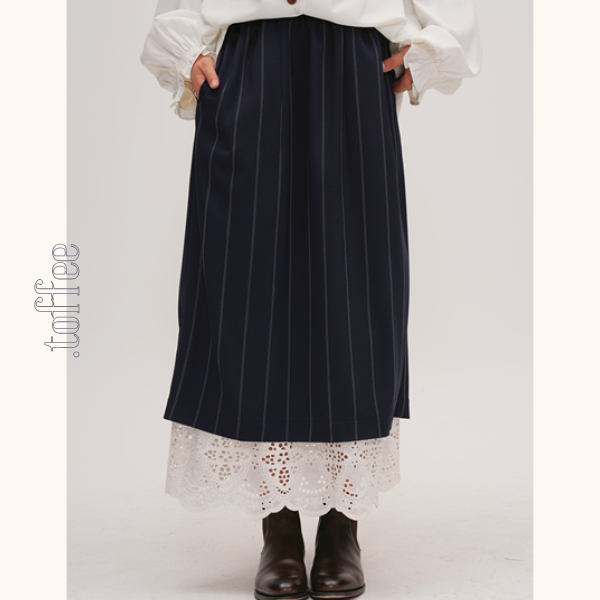 ネイビーストライプ&レース重ね着スカート Z00477